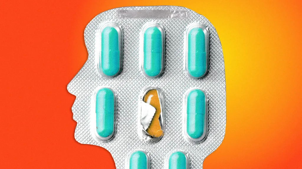 BBC/ Serenity Strull Pill packet with the metal cut to the shape of a person's profile.The packed contains blue pills, one of them removed. The profile is against a yellow-red background (Credit: BBC/ Serenity Strull)