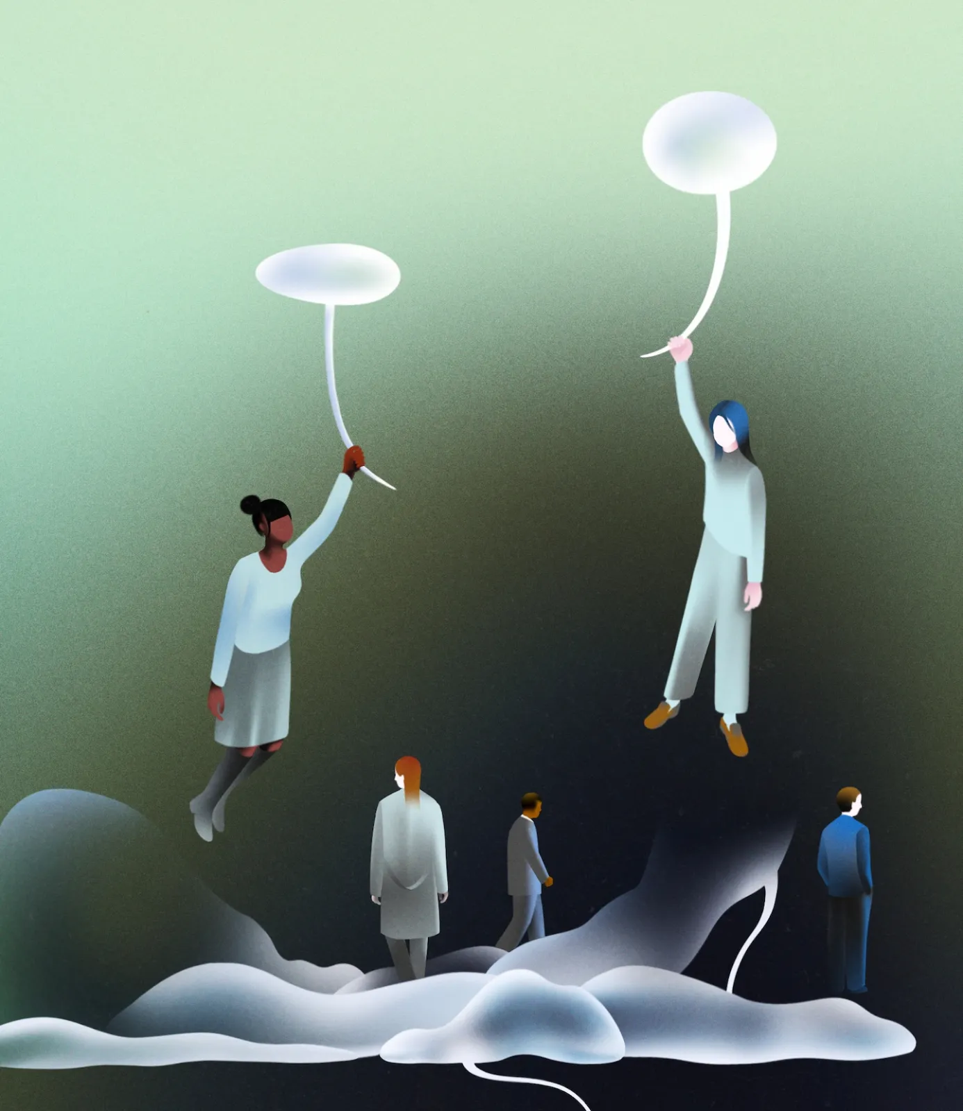 Illustration of people floating with speech bubbles