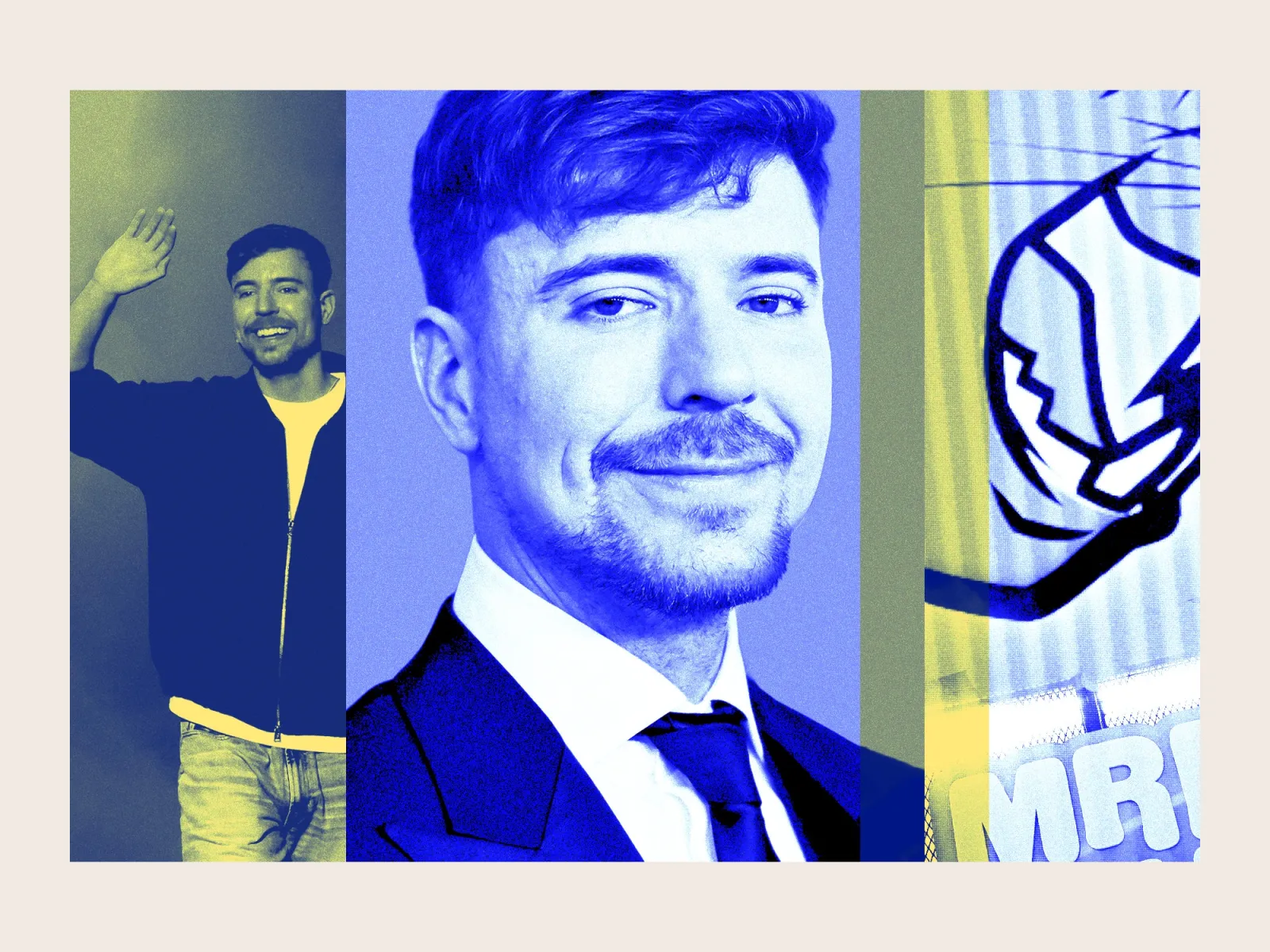 Triptych collage featuring American YouTuber, MrBeast.